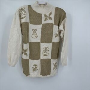 Womens Oversized Holiday Sweater M Gold‎ Cream Vintage Christmas Glam Festive